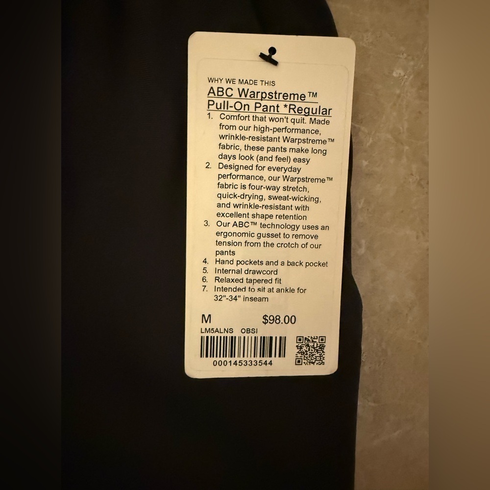 Lululemon ABC Warpstreme Pull-On Pant Men’s Medium Obsidian Relaxed Tapered Fit - Picture 8 of 11